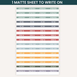 May include: A matte sticker sheet featuring rows of rectangular labels with white text on colored backgrounds. Categories include Appointment, Meeting, Bring In, School Event, Theme Day, Volunteer, and Donation Due, organized in a grid layout.