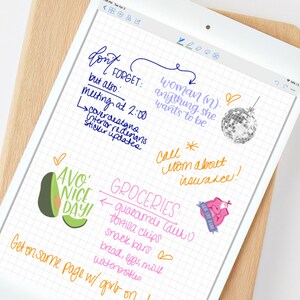 May include: A handwritten to-do list on a grid paper background. The list includes items like "don't forget", "meeting at 2:00", "cover design", "sticker updates", "woman (n) anything she wants to be", "call mom about insurance", "avo nice day", and "groceries: guacamole (duh!), tortilla chips, snack bars, bread, eggs, milk, water bottles".