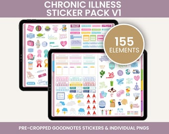 Op de afbeelding: Een digitale tablet die een set van 155 kleurrijke stickers voor chronische ziekteplanning weergeeft. De stickers bevatten verschillende ontwerpen, waaronder medicijnflesjes, lepels, wolken en motiverende zinnen zoals "Feeling Good" en "The Spoon Is A Time Thing".