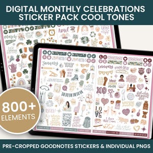 Monthly Celebration Digital Stickers COOL TONED – Holiday Planner Stickers for Goodnotes & iPad – PNG Clipart Files by bloom planners