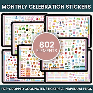 Monthly Celebrations Digital Sticker Pack, Digital Planner Stickers for Goodnotes, PNG Sticker Files, Unique Holiday Clipart bloom planners