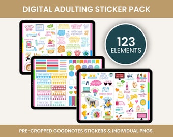 May include: A digital sticker pack for Goodnotes with 123 elements. The stickers are colourful and feature a variety of designs, including motivational quotes, food, and everyday objects. The pack includes pre-cropped stickers and individual PNGs.