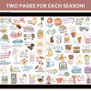 May include: A digital planner displayed on a tablet, featuring colorful illustrations and text. The planner is divided into sections with seasonal themes, including activities like planting flowers, going for a hike, and enjoying a picnic. The text at the top reads: "TWO PAGES FOR EACH SEASON!"