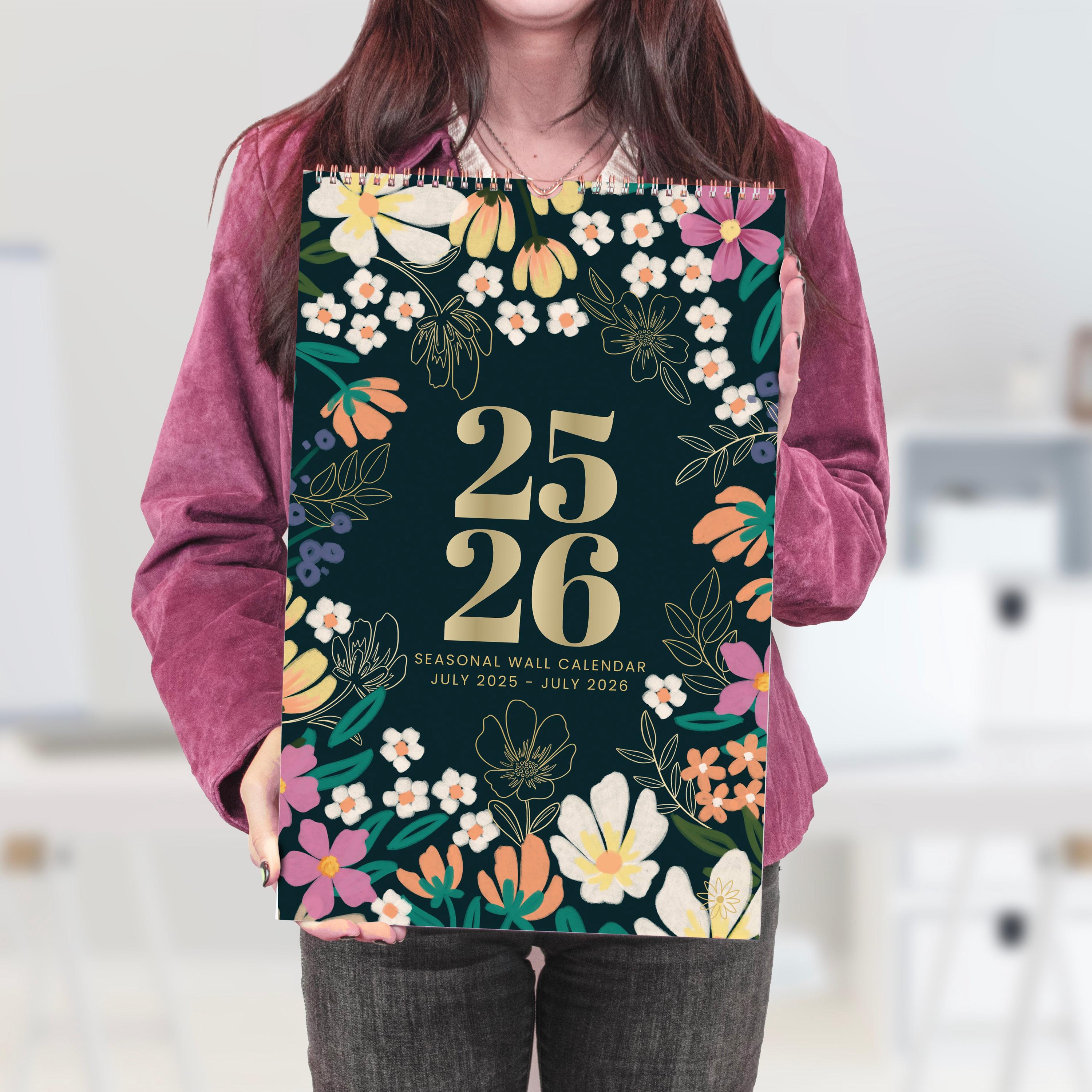 Academische hangende wandkalender 2025-2026 | Maandplannerblok van 11 x 17 inch, opberger | Seizoenskunstwerken