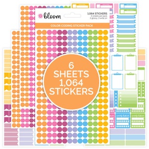 May include: A pack of 6 sheets of color coding stickers with 1,064 stickers total. The stickers are in various colors, including orange, pink, purple, blue, and green. The stickers are in the shape of circles, rectangles, and squares. The pack also includes a sheet of blank stickers for writing on.