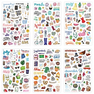 May include: A set of 12 monthly themed sticker sheets featuring colorful illustrations and text. Each sheet includes various designs related to the corresponding month, such as holidays, seasons, and activities. For example, the January sheet features resolutions, the March sheet features St. Patrick's Day, and the June sheet features Father's Day.