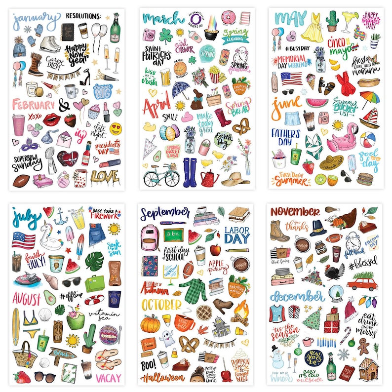 May include: A set of 12 monthly themed sticker sheets featuring colorful illustrations and text. Each sheet includes various designs related to the corresponding month, such as holidays, seasons, and activities. For example, the January sheet features resolutions, the March sheet features St. Patrick's Day, and the June sheet features Father's Day.