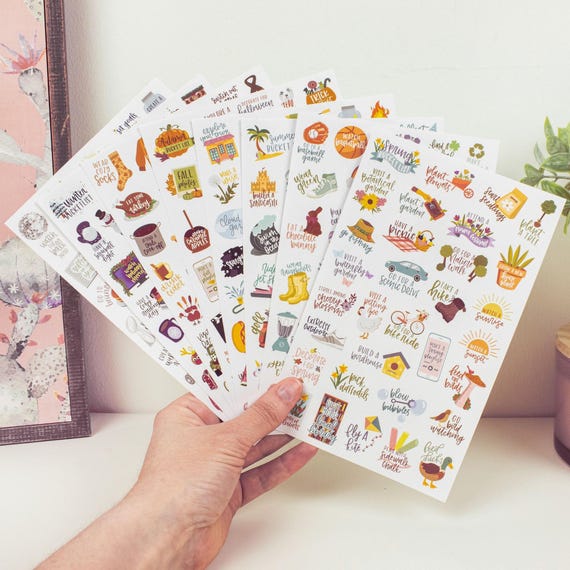 Seasonal Bucket List Sticker Pack | 8 Pages with 200+ Hand-Drawn Spring, Summer, Fall & Winter Planner Stickers for Journals and Scrapbooks