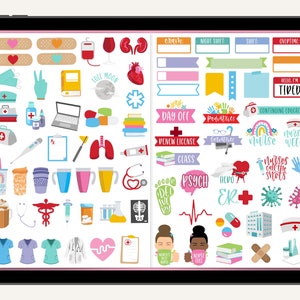 May include: A digital planner with colorful stickers for nurses. The stickers include medical symbols, coffee cups, hearts, and text like "Day Off", "Nurses Week", and "Hero ER".