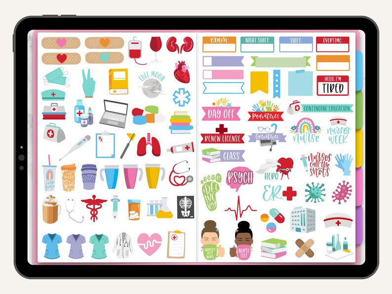 May include: A digital planner with colorful stickers for nurses. The stickers include medical symbols, coffee cups, hearts, and text like "Day Off", "Nurses Week", and "Hero ER".