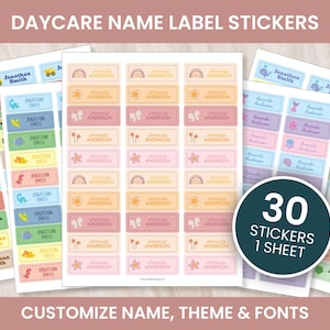 May include: Sheets of daycare name label stickers with customizable names, themes, and fonts. The labels feature various designs, including rainbows, butterflies, and suns. The image includes the text "30 Stickers 1 Sheet".