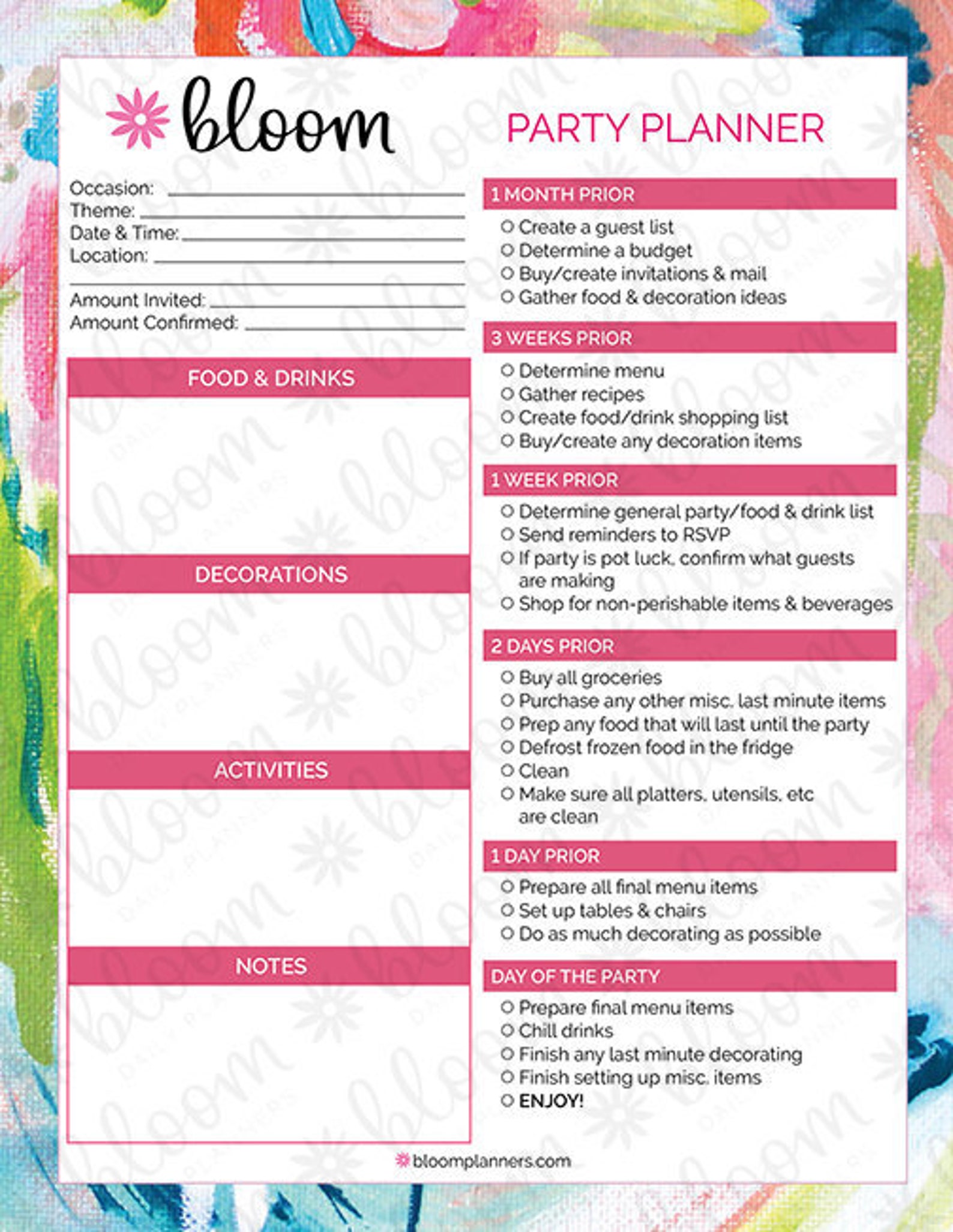Party Planner and Party Planning Checklist - Printable PDF - 8.5" X 11 ...