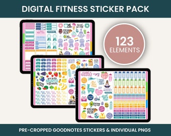 May include: A digital sticker pack for Goodnotes with 123 elements featuring colorful fitness-themed illustrations and text. The stickers include motivational quotes, food, exercise, and water bottle icons. The text on the image reads "DIGITAL FITNESS STICKER PACK" and "123 ELEMENTS".