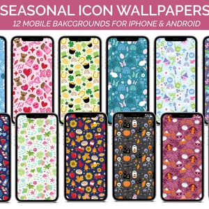 Könnte beinhalten: Zwölf bunte Handy-Hintergründe mit saisonalen Symbolen. Jedes Hintergrundbild hat ein anderes Thema, darunter Winter, Valentinstag, St. Patrick's Day, Frühling, Sommer, Herbst und Weihnachten.