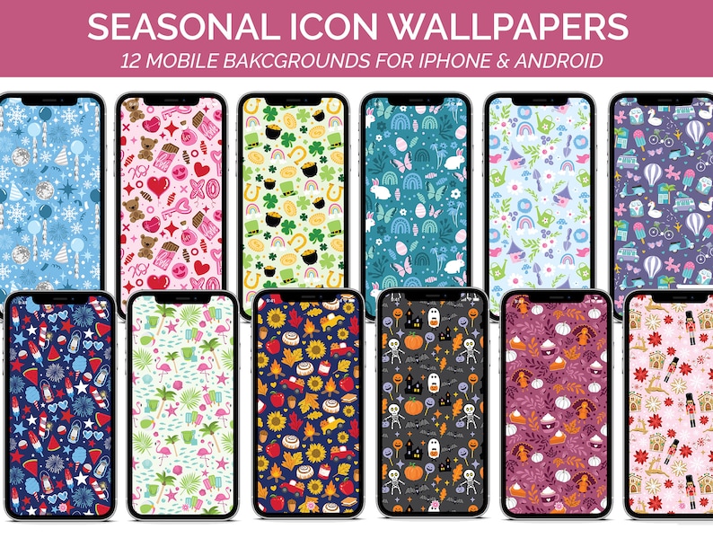 Pu&ograve; includere: Dodici sfondi per telefono colorati con icone stagionali. Ogni sfondo ha un tema diverso, tra cui inverno, San Valentino, San Patrizio, primavera, estate, autunno e Natale.