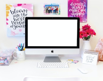 Desktop Mockup - Stock Photography, Computer Stock, Office Mockup, Screen Monitor Mockup, Bouquet, Desk Mockup by bloom daily planners