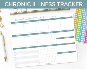 Op de afbeelding: Een printbare chronische ziektetracker met secties voor dagelijkse, wekelijkse en maandelijkse tracking. De tracker bevat secties voor voedsel, symptomen, gezonde gewoonten, triggers, helpers, dankbaarheid en notities.