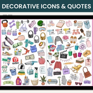 May include: A digital tablet screen displaying a variety of colorful hand-drawn icons and quotes. The icons include a kettlebell, a water bottle, a dumbbell, a gym bag, a pair of headphones, a roller skate, a toothbrush, a first aid kit, a piggy bank, a houseplant, a pair of slippers, a hair dryer, a comb, a makeup brush, a nail polish bottle, a movie clapperboard, a rocking chair, a purse, a pair of eye masks, and more. The quotes include "Workout", "Hair Appointment", "Love Yourself", "Movie Night", "Sick Day", "Snooze", "Glow", "You Are Amazing", and more.