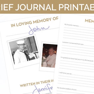 May include: A printable grief journal with a black and white photo of a man in a navy uniform. The journal has the text "In loving memory of John" and "Written in their honor" with space for writing memories and honoring the deceased.