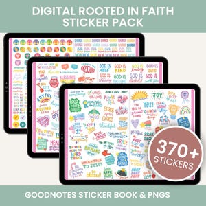 May include: Digital sticker pack with the text "Digital Rooted in Faith Sticker Pack" displayed on three black tablets. The stickers feature inspirational phrases and colorful designs. A circular graphic indicates "370+ Stickers".