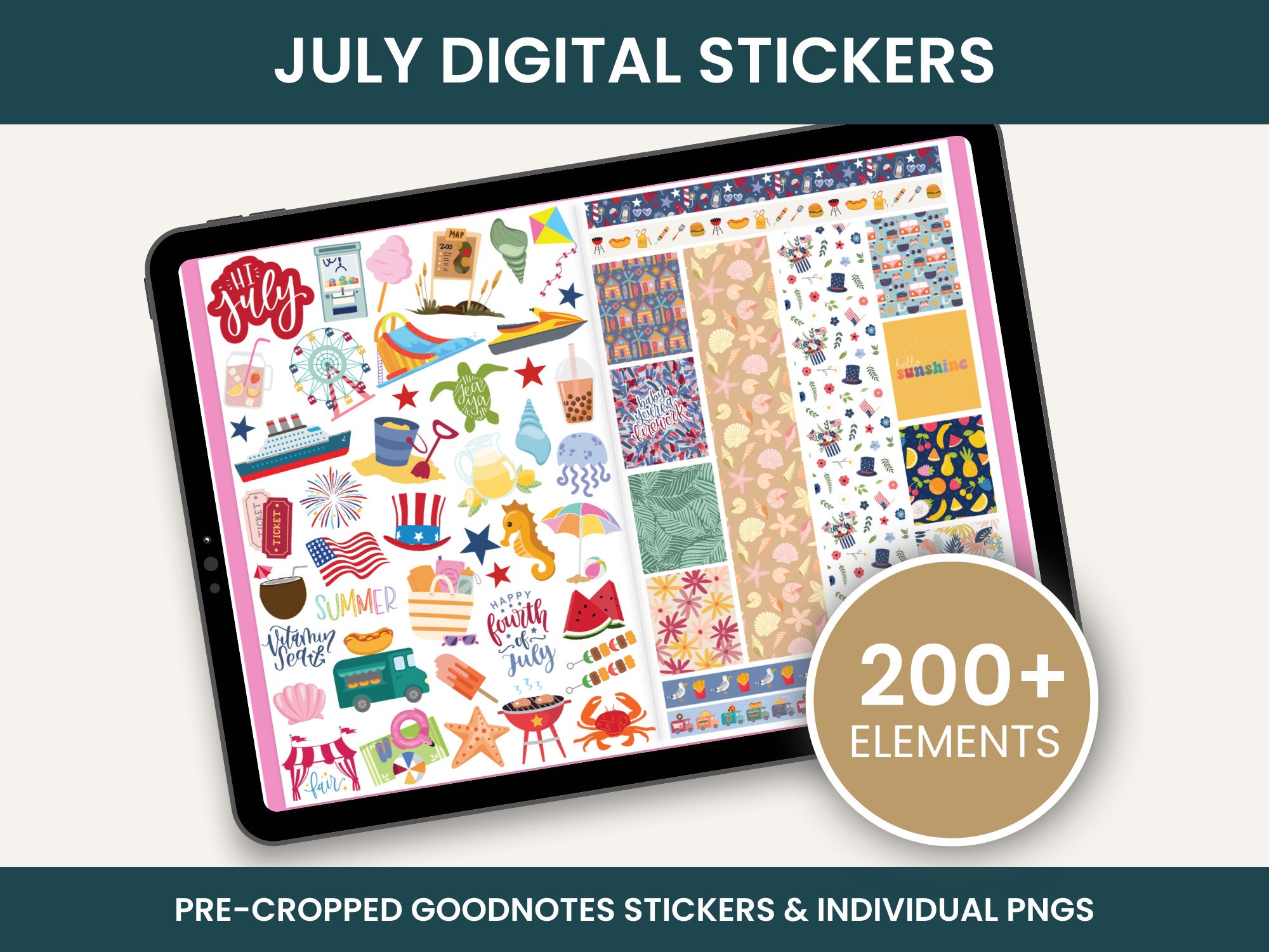 July Stickers, Digital Planner Stickers, Goodnotes Stickers, PNG Stickers, Summer Stickers, July Sticker Kit, Fourth of July