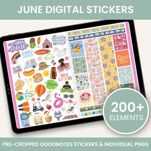 Puede incluir: Un paquete de pegatinas digitales para planificadores con más de 200 elementos con temática de verano. Las pegatinas están precortadas para usar con Goodnotes y también están disponibles como archivos PNG individuales. Las pegatinas incluyen una variedad de diseños, como conos de helado, palmeras, gafas de sol y pelotas de playa.