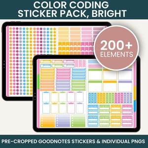 May include: A digital tablet screen displaying a set of colorful digital stickers for use in the Goodnotes app. The stickers include a variety of shapes, sizes, and colors, including circles, squares, rectangles, and banners. The text "COLOR CODING STICKER PACK, BRIGHT" and "200+ ELEMENTS" is displayed on the screen.