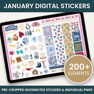 May include: A digital planner sticker set with over 200 elements featuring winter and January themes. The stickers include illustrations of a penguin, a fox, a snowman, a cabin, a fireplace, and more. The stickers are pre-cropped for use with Goodnotes and are also available as individual PNG files.