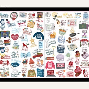 May include: Digital planner stickers on a tablet screen. The stickers feature winter and holiday-themed activities, including making hot chocolate, attending a concert, and baking heart-shaped treats. The color palette includes red, pink, and blue.