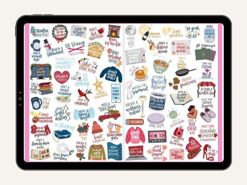 May include: Digital planner stickers on a tablet screen. The stickers feature winter and holiday-themed activities, including making hot chocolate, attending a concert, and baking heart-shaped treats. The color palette includes red, pink, and blue.
