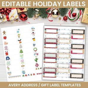 May include: Printable holiday gift labels with a variety of festive designs, including snowflakes, ornaments, and a snowman. The labels are editable and come in two styles: a simple white background with a colorful design and a more elaborate design with a white background and a colorful floral pattern. The labels are perfect for adding a personal touch to your holiday gifts.