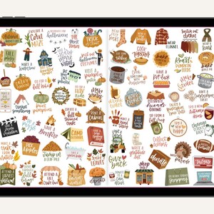 May include: A digital art print featuring a collection of fall-themed illustrations and text. The images include pumpkins, leaves, and phrases like "Corn Maze," "Bonfire," and "Bake Cookies." The artwork is displayed on a tablet.