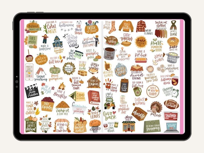 May include: A digital art print featuring a collection of fall-themed illustrations and text. The images include pumpkins, leaves, and phrases like "Corn Maze," "Bonfire," and "Bake Cookies." The artwork is displayed on a tablet.
