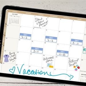May include: A digital planner with a July 2023 calendar on a tablet. The calendar has handwritten notes and stickers, including "Start new planner!" and "Vacation".
