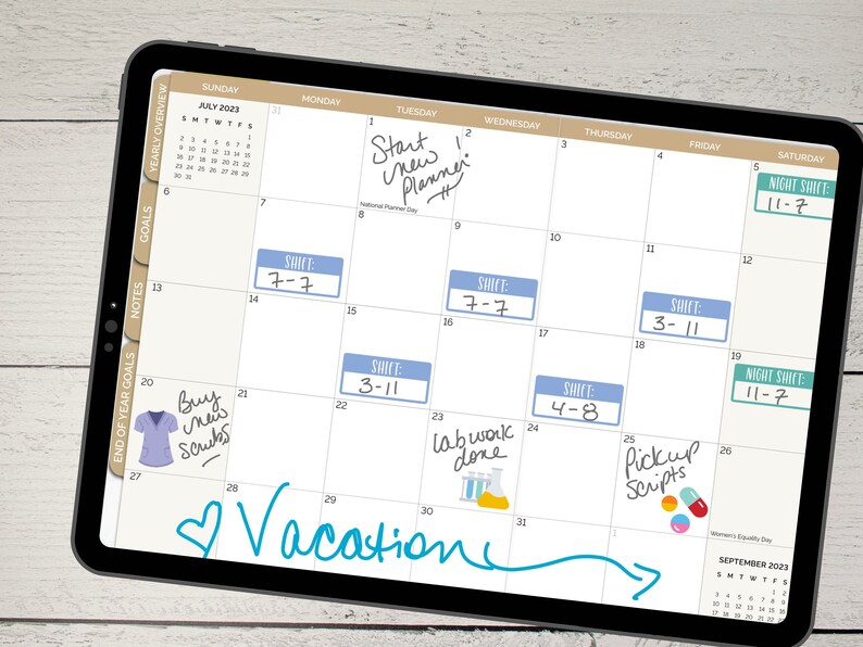 May include: A digital planner with a July 2023 calendar on a tablet. The calendar has handwritten notes and stickers, including "Start new planner!" and "Vacation".