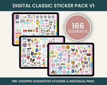 May include: A digital sticker pack containing 166 elements, featuring colourful illustrations of various themes, including food, drinks, travel, and everyday life. The stickers are pre-cropped for use in Goodnotes and are also available as individual PNG files.