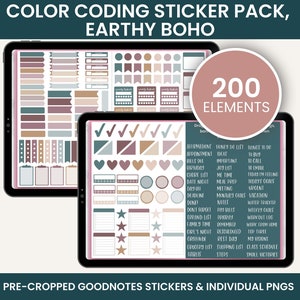 May include: A digital tablet screen displaying a set of 200 pre-cropped Goodnotes stickers in earthy boho colours. The stickers include various shapes, sizes, and designs, such as hearts, stars, checkmarks, and text boxes. The text on the screen reads "200 Elements".