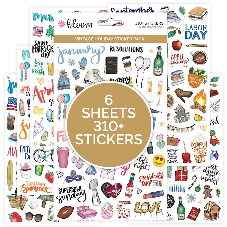 May include: A set of six sheets of stickers featuring illustrations of holidays and events throughout the year. The stickers are colorful and feature a variety of designs, including hearts, stars, and other festive elements. The stickers are arranged in a grid pattern and are labeled with the month they represent. The text "6 Sheets 310+ Stickers" is printed in a gold circle in the center of the image.