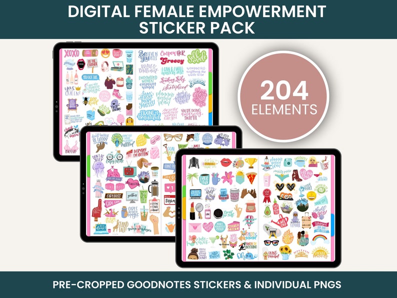 May include: A digital sticker pack with 204 elements featuring colorful illustrations and text related to female empowerment. The stickers are pre-cropped for use in Goodnotes and are also available as individual PNG files.