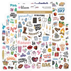 May include: A set of six sticker sheets featuring illustrations of holidays and events throughout the year. The stickers are colorful and feature a variety of designs, including hearts, stars, and other festive imagery. The stickers are perfect for adding a touch of personality to planners, journals, and other paper goods.