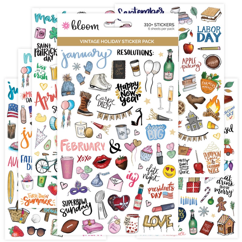 May include: A set of six sticker sheets featuring illustrations of holidays and events throughout the year. The stickers are colorful and feature a variety of designs, including hearts, stars, and other festive imagery. The stickers are perfect for adding a touch of personality to planners, journals, and other paper goods.