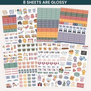 May include: Eight glossy sticker sheets featuring a variety of colorful icons, text labels, and decorative elements for planners. The designs include school-themed graphics, calendar reminders, motivational phrases, and various lifestyle illustrations.