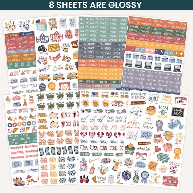 May include: Eight glossy sticker sheets featuring a variety of colorful icons, text labels, and decorative elements for planners. The designs include school-themed graphics, calendar reminders, motivational phrases, and various lifestyle illustrations.