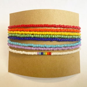 Rainbow Seed Bead Bracelets Colors- Beads, pride, multi-color, simple, gift, tiny, dainty, chic, hippie, stack, stacking, beaded