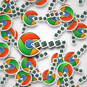 Pode incluir: Uma ilustração colorida de um ícone de navegador Chrome com uma mordida, consumindo pequenos chips de memória azuis e brancos. O fundo está cheio de imagens repetidas do ícone do Chrome.