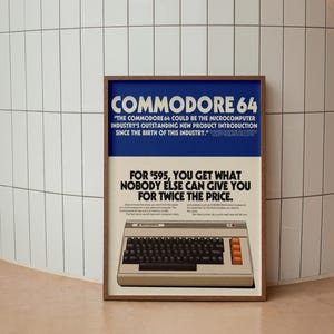 Póster de ordenador retro vintage Commodore 64, impresiones de revistas. Regalo para amantes de la informática. Decoración de oficina. Arte mural con el logotipo de Commodore. DESCARGAR
