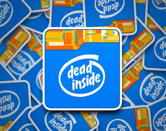May include: A collection of blue square stickers with the words "dead inside" in a white, stylized font. The stickers also feature a logo with orange, yellow, and blue accents. The stickers are scattered across a surface.