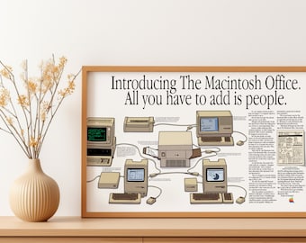 May include: A framed print featuring a vintage illustration of the Macintosh Office, with the text "Introducing The Macintosh Office. All you have to add is people." The image shows several connected computers and peripherals.