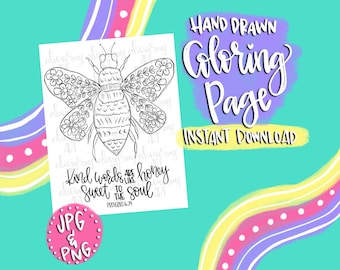 Christian Coloring Page | Digital Download | Hand Drawn Illustration | Adult Coloring | Proverbs 16:24 | Bible School | Group Activity