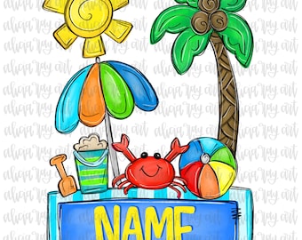 May include: A colorful beach-themed illustration featuring a yellow sun, a green palm tree, and a blue, orange, and green umbrella. A red crab, a beach ball, and a bucket with a shovel are also present. The word "NAME" is displayed on a blue sign.
